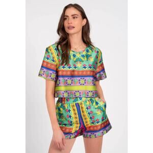 Lavender Brown Helen Silky Pull-on Shorts in Green Multi M NEW Festival